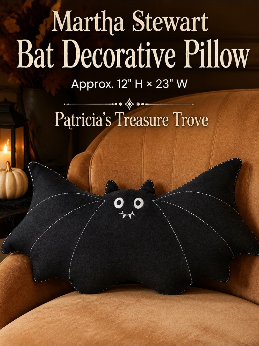 Martha Stewart Black Bat Decorative Pillow with White Stitching
